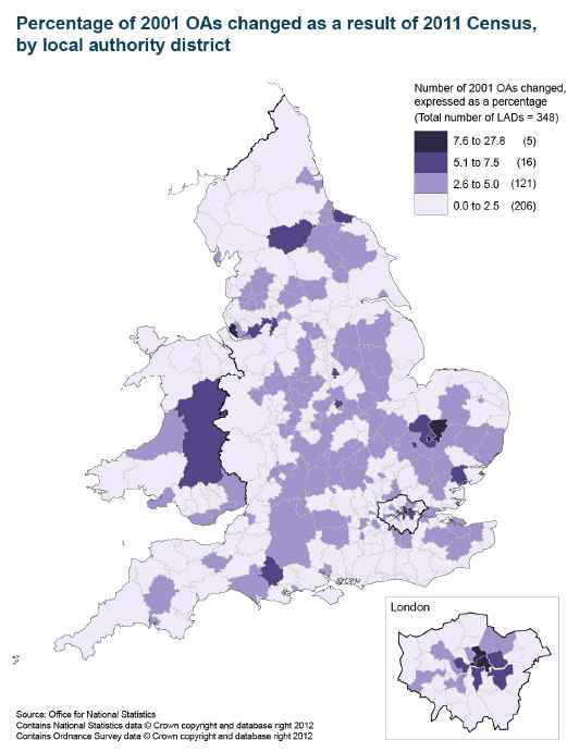 영국의 2001년 대비 2011년 통계구역 변화비율 자료원: Office for National Statistics. (2012). Changes to Output Areas and Super Output Areas in England and Wales, 2001 to 2011. Environment and Planning A, 43(10), London: ONS