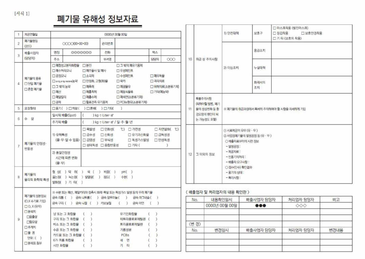 폐기물 유해성 정보자료 서식 (출처 : 환경부, 유해폐기물 안전관리 및 사고대응 가이드라인, 2015)