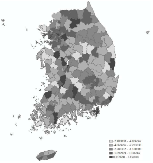 운전 시 안전벨트 착용률의 시군구별 연평균 증감율