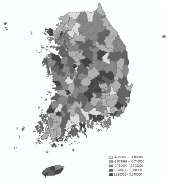 연간 음주운전 경험률(자동차 또는 오토바이)의 시군구별 연평균 증감율