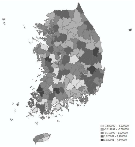 중등도 이상 신체활동 실천율의 시군구별 연평균 증감율