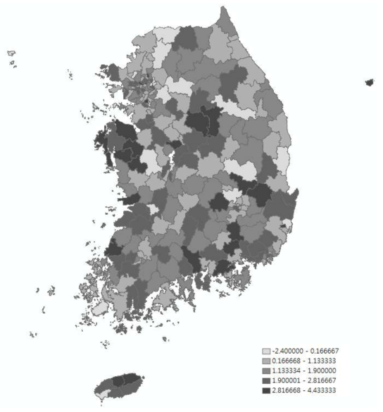 주관적 비만인지율의 시군구별 연평균 증감율