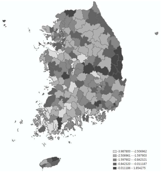 아침결식예방인구비율의 시군구별 연평균 증감율