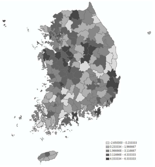 연간 구강검진 수진율의 시군구별 연평균 증감율