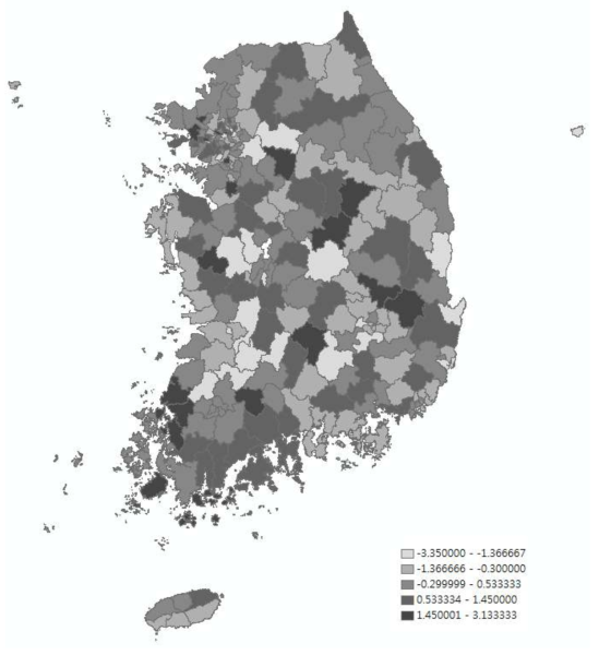 스트레스 인지율의 시군구별 연평균 증감율