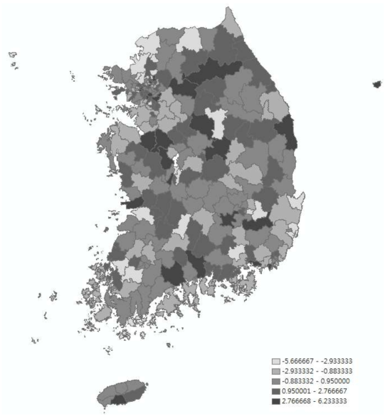 당뇨병 안질환 합병증검사 수검율(30세 이상)의 시군구별 연평균 증감율