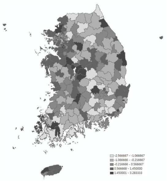 관절염 평생 의사진단 경험률(50세 이상)의 시군구별 연평균 증감율