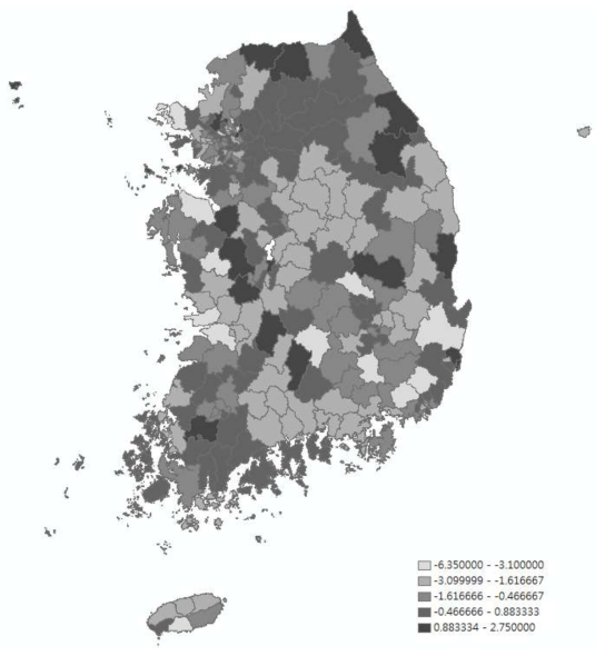 주관적 건강수준 인지율의 시군구별 연평균 증감율