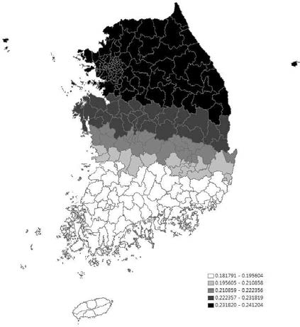 남자 현재흡연율(표준화율) 회귀계수 분포