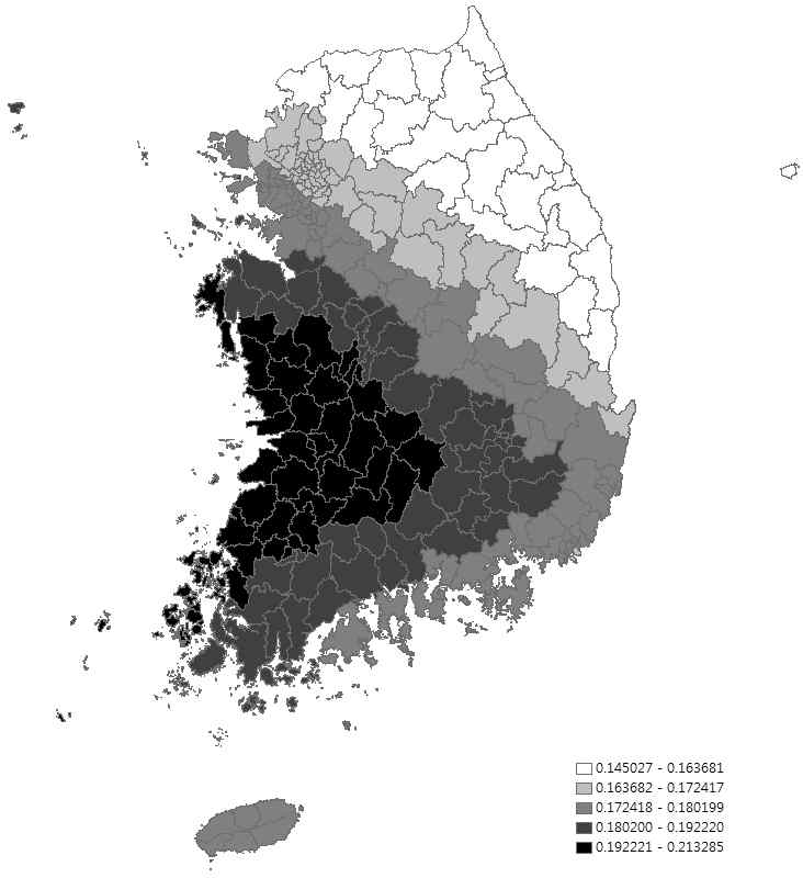 우울감 경험률(표준화율) 회귀계수 분포