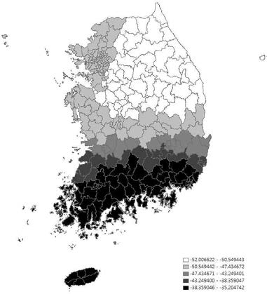 일인당자동차등록대수 회귀계수 분포