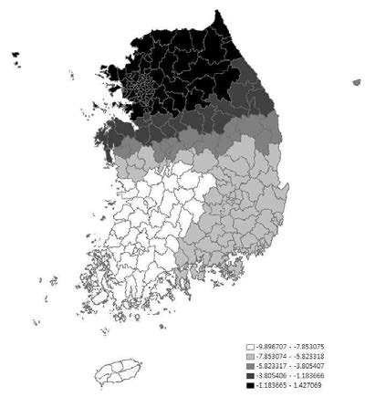 인구천명당체육시설수 회귀계수 분포