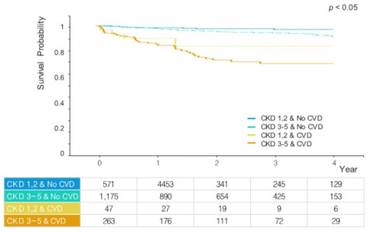 만성신장질환 병기 및 심혈관계 질환 유무에 따른 사망률 비교 (adjusted survival by CKD stage and CVD status)