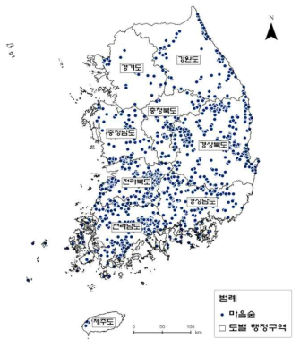 우리나라 마을숲의 전국적인 분포도