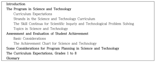 캐나다 온타리오 주의 과학과 교육과정 목차 출처: Ontario Ministry of Education(2013b)