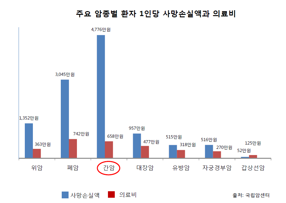 2009년 주요 암종별 사망손실액 및 의료비 (출처: 국립암센터)