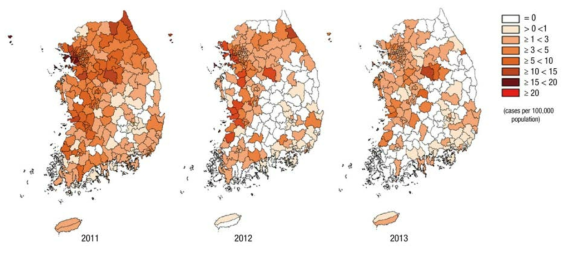 2011년-2013년 국내 A형간염의 지역별 분포도(거주자 100,000 명당 연 발생률) (출처: 문 등, J Korean Med Sci. 2016;31(1): 67–72)
