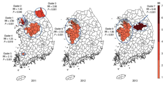 2011년-2013년 사이 A형간염 발생률이 높은 지역에 대한 분포도 (출처: 문 등, J Korean Med Sci. 2016;31(1): 67–72)