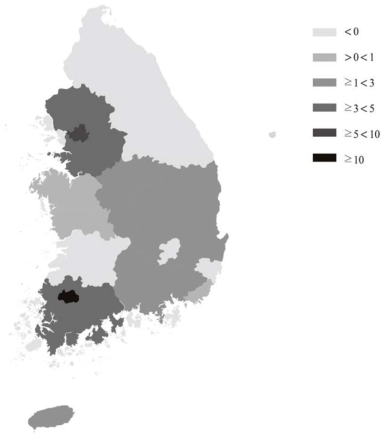 2015년 지역별 A형간염 발생률 (출처: 2015년 감염병감시연보)
