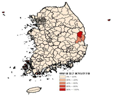 시군구별 CT 보유 의료기관까지 60분 내 접근 불가능한 인구비율