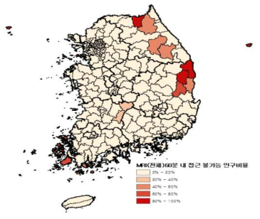 시군구별 MRI 보유 의료기관까지 60분 내 접근 불가능한 인구비율