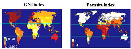 GNI and parasite index in the world