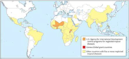 Global distribution of NTDs. There are 56 countries in Africa, 5 countries in Latin America, 5 countries in East Mediterranean sea and 9 countries in Far and South-East Asia(Hotez et al, 2007)