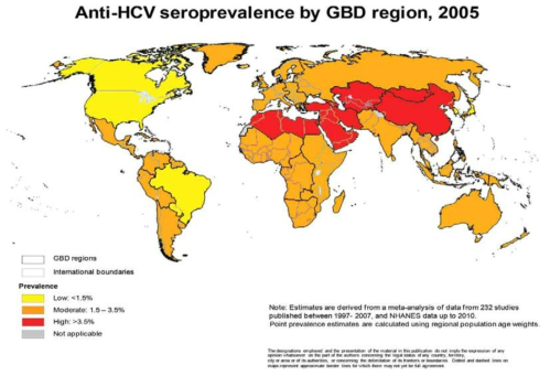 Map of estimated anti-HCV seroprevalence by Global Burden of Disease(GBD) region, 2005