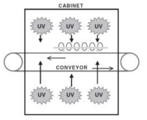 Ultraviolet (UV) light irradiator cabinet for shell eggs equipped with a rail conveyor. (Adapted from Coufal et al., 2003)