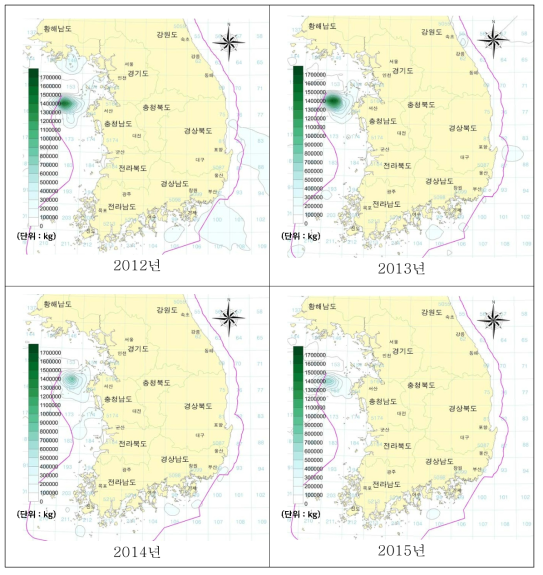 통발 어획량 분포도 (2012년~2015년 소해구별 현황은 부록참조)