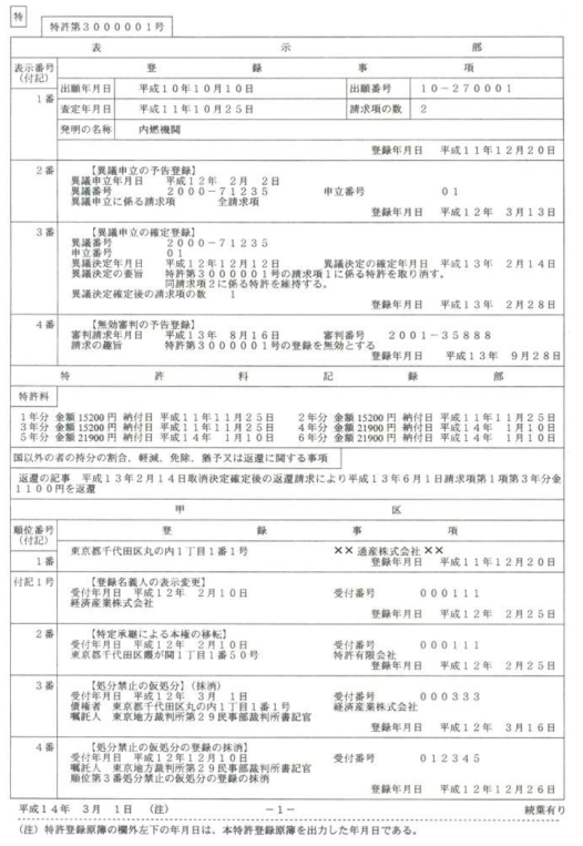 일본의 특허등록원부 예시