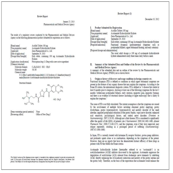 Review Reports(검토 보고서) 예시 출처 : http://www.pmda.go.jp/english/review-services/reviews/approved-information/drugs/0001.html