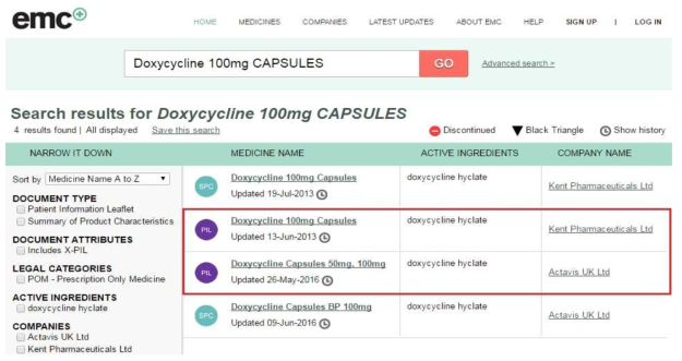 eMC PIL 예시 (Doxycycline 100mg CAPSULES) 출처 : eMC http://www.medicines.org.uk/emc/