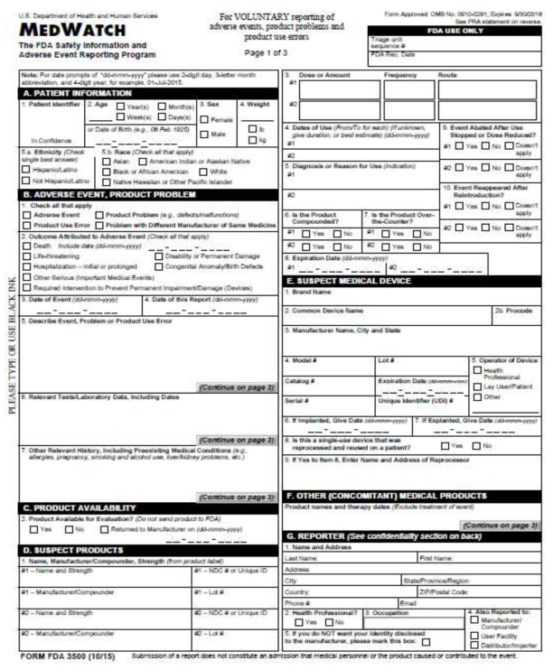 FDA MedWatch(The FDA Safety Information and Adverse Event Reporting Program) 양식 출처 : FDA(Food and Drug Administration) 홈페이지 http://www.fda.gov/Safety/MedWatch/