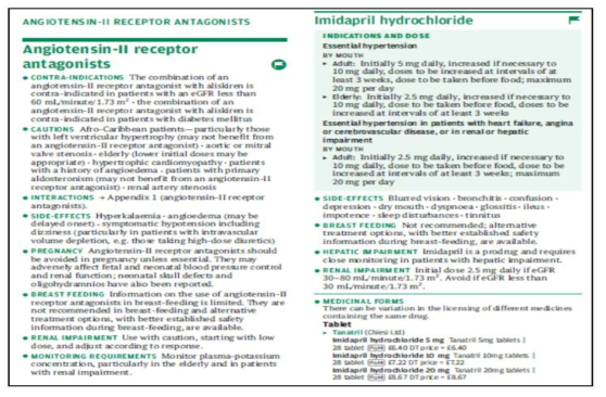 Drug-Class Monograph 예시 (Angiotensin-Ⅱ Receptor antagonists, Imidapril hydrochloride) 출처 : BNF 71 2016 March 2016 - September 2016