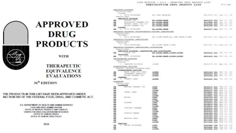 오렌지북 36개정판 인쇄본 출처 : Approved Drug Products with Therapeutic Equivalence Evaluations 36th Edition