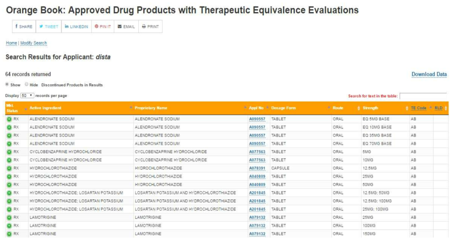 오렌지북 웹 검색 예시 출처 : http://www.accessdata.fda.gov/scripts/cder/ob/default.cfm