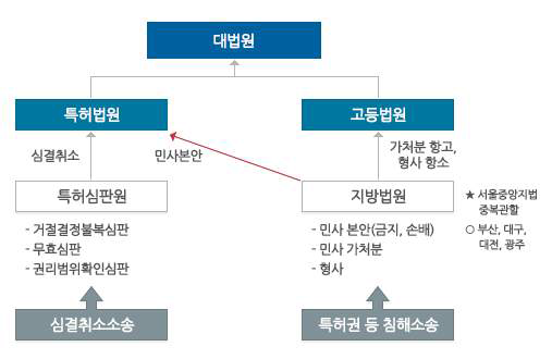 특허소송 구조도 (출처 : 특허법원 홈페이지(http://patent.scourt.go.kr/main/new/Main.work)