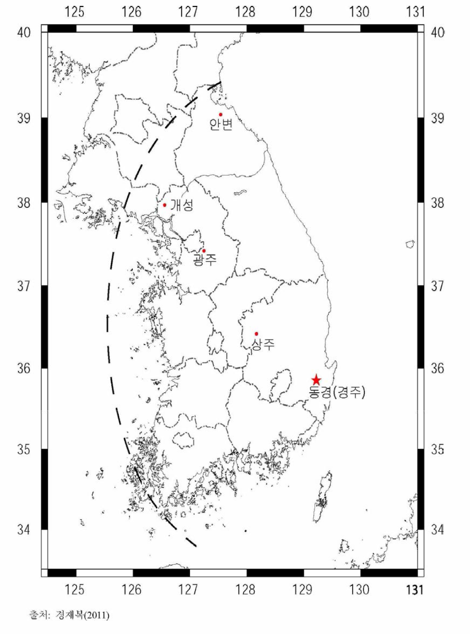 1036년 7월 17일 지진(MM진도 VIII)에 의한 감진 구역 분포