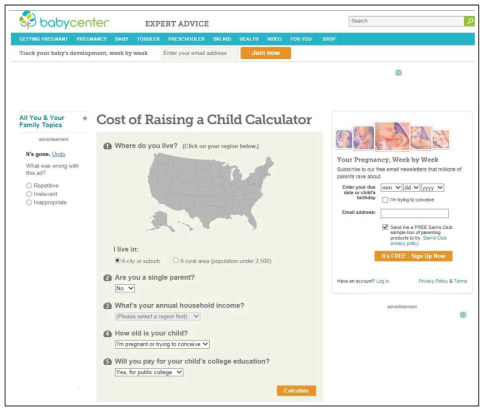 Baby Center 웹사이트 내 자녀 양육비용 계산 프로그램(1): 산출과정 출처: http://www.babycenter.com/cost-of-raising-child-calculator. 2016. 9. 26 인출