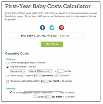 Baby Center 웹사이트 내 돌아이 양육비용 계산 프로그램(1): 산출과정 출처: http://www.babycenter.com/baby-cost-calculator. 2016. 9. 26 인출.