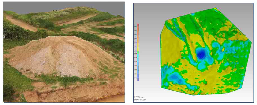 드론 영상(좌)와 3D모델링에 의한 체적 계산(우)