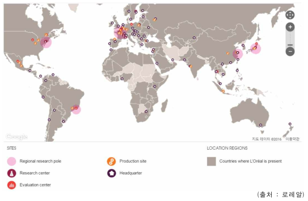 로레알의 본사, 연구센터, 평가센터, 생산 공장 위치