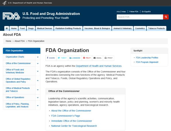 미국 식약국(U.S. FDA)의 조직도 http://www.fda.gov/AboutFDA/CentersOffices/default.htm