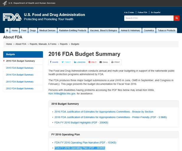 미국 식약국(U.S. FDA)의 2016년 예산(안) http://www.fda.gov/downloads/AboutFDA/ReportsManualsForms/Reports/BudgetReport s/UCM482760.pdf