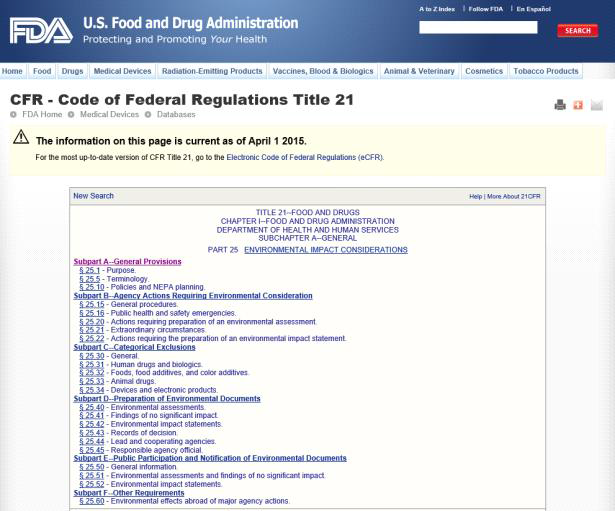 Code of Federal Regulations Title 21 (§25.33 참고)