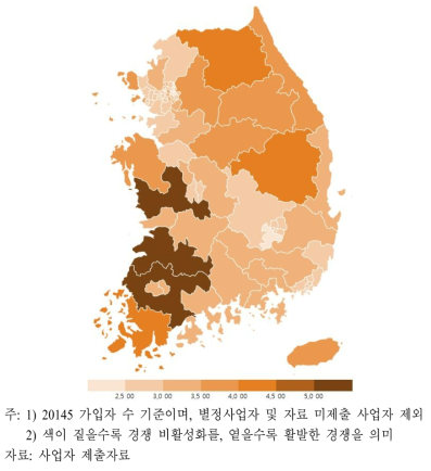 종합유선방송구역별 초고속인터넷 가입자 기준 HHI 현황