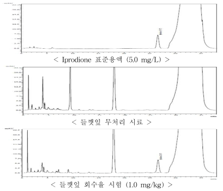 들깻잎 중 iprodione의 HPLC-UVD 회수율 크로마토그램