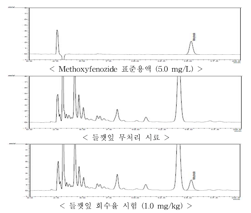 들깻잎 중 methoxyfenozide의 HPLC-UVD 회수율 크로마토그램