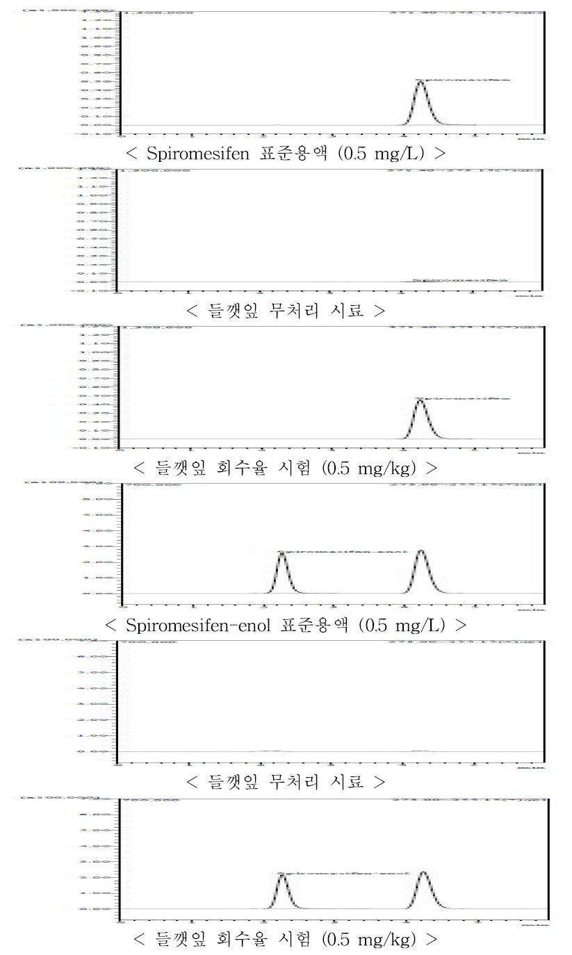 들깻잎 중 Spiromesifen, spirpmesifen-enol의 LC-MS/MS 회수율 크로마토그램